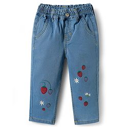 Bonfino Woven Full Length Barrel Fit Washed Denim Jeans With Floral & Strawberry Embroidery - Light Blue