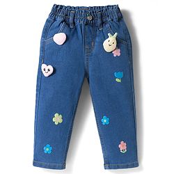 Bonfino Woven Full Length Denim Jeans with Floral Print & Applique - Blue