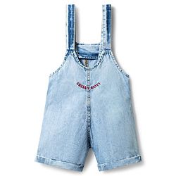 Bonfino 100% Cotton Woven Sleeveless Denim Dungaree with Cherry Happy Embroidery - Light Blue