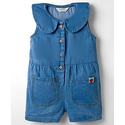 Bonfino 100% Cotton Woven Sleeveless Peter Pan Collar Denim Jumpsuit - Blue