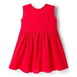 Bonfino 100% Cotton Woven Sleeveless Solid Color Frock with FRont Waist Ruffle Detail & Crochet Patch at Front Yoke - Red