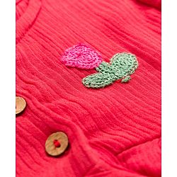 Bonfino 100% Cotton Woven Sleeveless Solid Color Frock with FRont Waist Ruffle Detail & Crochet Patch at Front Yoke - Red