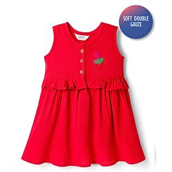 Bonfino 100% Cotton Woven Sleeveless Solid Color Frock with FRont Waist Ruffle Detail & Crochet Patch at Front Yoke - Red