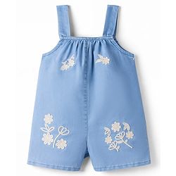 Bonfino 100% Cotton Light Weight Woven Sleeveless Denim Dungaree with Floral Embroidery - Light Blue