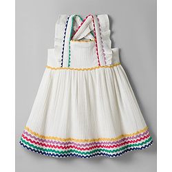 Bonfino 100% Cotton Dobby Woven Sleeveless Dress With Lace Detailing - White
