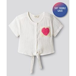 Bonfino 100% Cotton Double Gauze Woven Half Sleeves Top with Crochet Pocket Patch - White