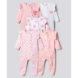 Bonfino 100% Cotton Knit Full Sleeves with Flutter Detailing Sleep Suits with Heart Print & Pack of 5 - Pink & White