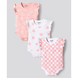 Bonfino 100% Cotton Knit Frill Sleeves Onesies with Heart & Polka Dot Print Pack of 3 - Multicolor