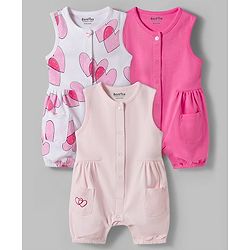 Bonfino 100% Cotton Knit Sleeveless Rompers with Heart Print Pack of 3 - Pink Peach & White