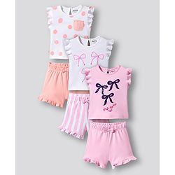 Bonfino 100% Cotton Knit Frill Sleeves T-Shirt & Shorts Set With Sequin Embroidery Pack of 3 - White Peach & Pink