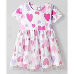 Bonfino 100% Cotton Knit Half Sleeves Ribbed Frock with Hearts Print & Mesh Detailing - White