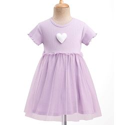 Bonfino 100% Cotton Knit Half Sleeves Rib Embroidery Dress With Mesh - Lilac