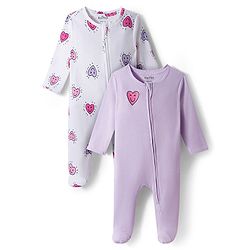 Bonfino 100% Cotton Knit Full Sleeves Sleepsuits With Rib Embroidered Pack Of 2 - Purple & White