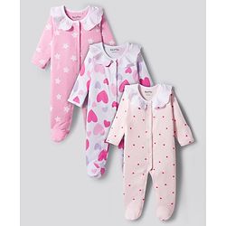 Bonfino 100% Cotton Rib Full Sleeves Footed Sleepsuit With Hearts & Star Print Pack of 3 - Pink