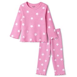 Bonfino 100% Cotton Rib Knit Full Sleeves Co-ords Night Suit with Star Print - Pink