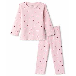 Bonfino 100% Cotton Rib Knit Full Sleeves Co-ords Night Suit with Heart Print - Pink