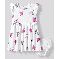 Bonfino 100% Cotton Knit Flutter Sleeves Ribbed Frock with Hearts Print & Bloomer - White