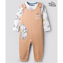 Bonfino Disney Single Jersey Knit Full Sleeves Dungaree Style Romper with Inner Tee & Winnie the Pooh Graphic - Tan