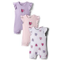 Bonfino 100% Cotton Knit Frill Sleeves Rompers with Heart Print Pack of 3 - Lavender White & Light Pink