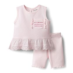 Bonfino 100% Cotton Rib Knit Sleeveless T-Shirt & Shorts Set with Schiffili & Sequin Detailing - Pink