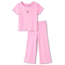 Bonfino 100% Cotton Rib Knit Half Sleeves Solid Color T-Shirt & Pant Set with Embroidery - Pink