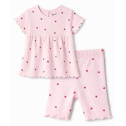 Bonfino 100% Cotton Rib Knit Half Sleeves T-Shirt & Shorts Co-ord Set With Heart Print - Pink