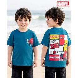 Bonfino Marvel Single Jersey Knit Drop Shoulder Half Sleeves Oversized T-Shirt with Front & Back Spiderman Graphic - Blue