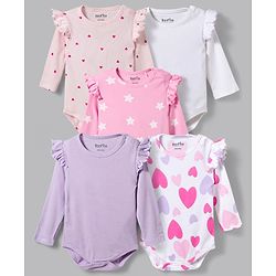 Bonfino 100% Cotton Rib Knit Full Flutter Sleeves Onesies With Heart & Star Print Pack of 5 - Multicolor