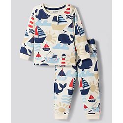 Bonfino 100% Cotton Knit Full Sleeves Co-ords Night Suit With Nautical Theme Print - White