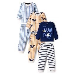 Bonfino 100% Cotton Knit Full Sleeves Sea Life & Nautical Theme Printed Co-Ords T-Shirt & Pyjama Night Suits Pack Of 3 - Multicolour