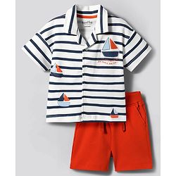 Bonfino 100% Cotton Knit Drop Shoulder Half Sleeves Shirt & Shorts Night Suit with Stripes & Ship Patch Detailing - Red & White