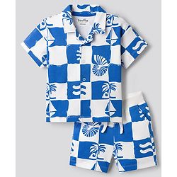 Bonfino Cotton Knit Half Sleeves Co-ords Short Night Suit With Tree Print - White & Blue