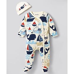Bonfino 100% Cotton Knit Full Sleeves Footed Sleep Suit With Boat Print & Cap - White