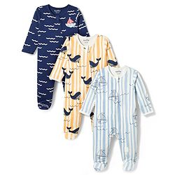 Bonfino 100% Cotton Knit Full Sleeves Nautical Theme & Sea Life Printed Printed Sleepsuits Pack of 3 - Multicolour