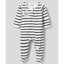 Bonfino 100% Cotton Knit Striped & Sea Life Printed Full Sleeves Sleepsuits Pack of 2 - Multicolour
