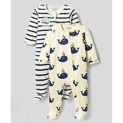 Bonfino 100% Cotton Knit Striped & Sea Life Printed Full Sleeves Sleepsuits Pack of 2 - Multicolour