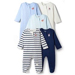 Bonfino 100% Cotton Knit Full Sleeves Footed Sleepsuits with Nautical Theme Print & Stripes Pack of 5 - Multicolor