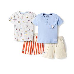 Bonfino 100% Cotton Knit Half Sleeves Nautical Theme Printed T-Shirts & Cargo Shorts Set Pack of 2 - Multicolor