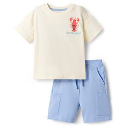 Bonfino 100% Cotton Knit Half Sleeves Drop Shoulder Oversized T-Shirt & Cargo Shorts Set with Front & Back Lobster Print - Offwhite & Light Blue