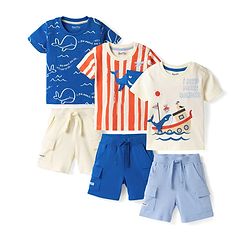Bonfino 100% Cotton Knit Half Sleeves Oversized T-Shirts & Cargo Shorts Set With Whale & Boat Print Pack of 3 - Multicolor