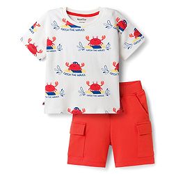 Bonfino 100% Cotton Knit Half Sleeves T-Shirt & Cargo Shorts Set with Crab Print - White & Red