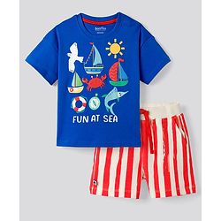 Bonfino 100% Cotton Knit Drop Shoulder Half Sleeves Oversized T-Shirt & Striped Shorts Set With Sea Animals Print - Blue & White