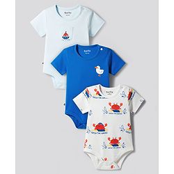 Bonfino Cotton Knit Half Sleeves Onesies With Animal Print Pack Of 3 - Blue White & Sea Green