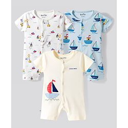 Bonfino 100% Cotton Knit Nautical Theme Printed Half Sleeve Front Open Rompers Pack Of 3 - White Light Blue & Cream