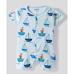 Bonfino 100% Cotton Knit Nautical Theme Printed Half Sleeve Front Open Rompers Pack Of 3 - White Light Blue & Cream
