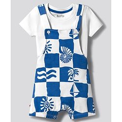 Bonfino 100% Cotton Knit Half Sleeves Beach Theme Printed Dunagree with T-Shirt - White