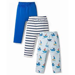 Bonfino Cotton Knit Full Length Diaper Leggings With Nautical Theme Print Pack Of 3 - Blue & White