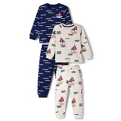 Bonfino 100% Cotton Knit Full Sleeves Night Suit With Nautical Theme Print Pack Of 2 - Navy Blue & White