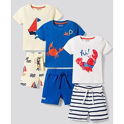 Bonfino 100% Cotton Knit Half Sleeves T-Shirts & Shorts Night Suits with Nautical Theme Print Pack of 3 - Multicolor