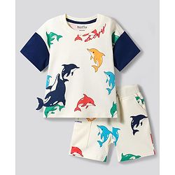 Bonfino 100% Cotton Knit Half Sleeves Co-ords T-Shirt & Shorts Set with Dolphin Print & Patch - White